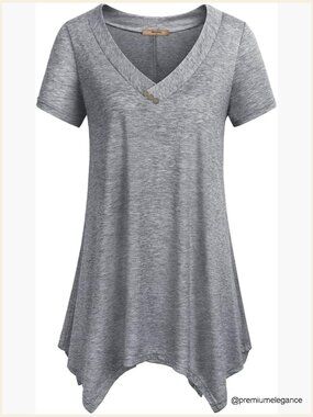 Short Sleeve V Neck Asymmetrical Hemline Flowy Blouse Tunic Top